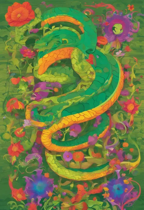 (A long snake dragon with natural elements on its body:1.3),(The back is covered with green grass and colorful wildflowers:1.3),(A purple spore mist surrounds the body:1.2),(There are segments of layered bone carapace that protect the soft tissues of the b...