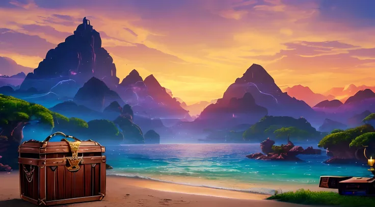 An open chest and TV shows fly out of it, Against the backdrop of a fantasy world, photo realism, 8K, Perfect picture, A great chest, Pirate Chest, Against the backdrop of Pandora, Pandora from the movie "avatar", (((The lid of the chest is open upwards)))...