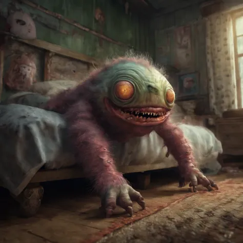 cute monster, under the bed, horror vibe, photographed, detailed, best composition