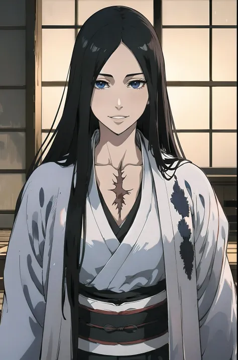 anime character with long black hair and blue eyes in a white kimono, hinata hyuga, the piercing stare of yuki onna, as an anime character, handsome guy in demon slayer art, anime character, female anime character, hinata hyuga from naruto, sui ishida with...