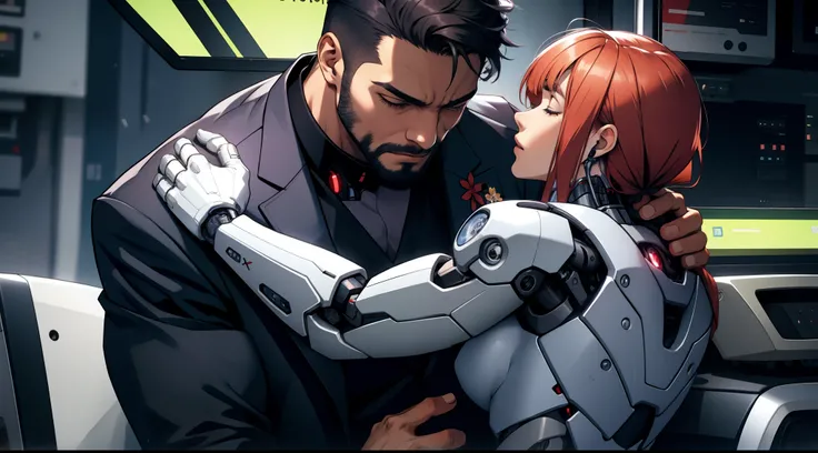 (a man (suit)) hugs (a cyborg woman)