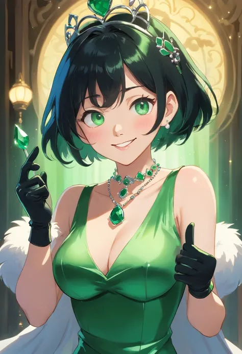 emerald tiara, Green Pearl Necklace, Boyish very short black hair, lipsticks, Japan woman smiling, Long green gloves made of satin material, very short short hair, Guts Pose, Green eyes, big breasts beautiful, Right thumbs up, Green Pearl Necklace