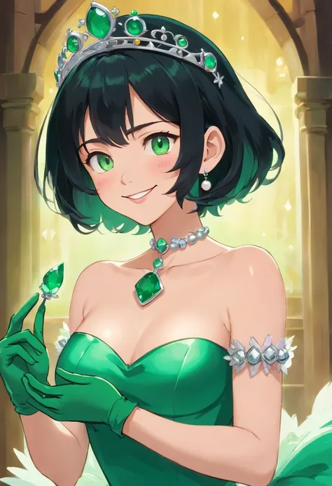 emerald tiara, Green Pearl Necklace, Boyish very short black hair, lipsticks, Japan woman smiling, Long green gloves made of satin material, very short short hair, Guts Pose, Green eyes, big breasts beautiful, Right thumbs up, Green Pearl Necklace