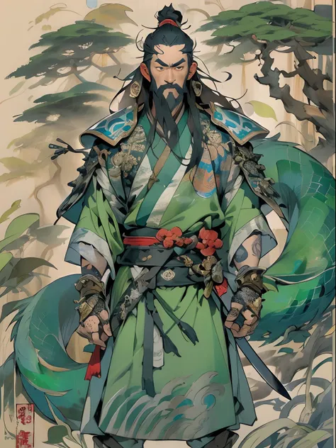 (((China-style，Ink painting method，Half-length portrait，Intense color，Han dynasty, China，Hanfu，Armor，Guan yu，Guan Yunchang，of a guy，Ruddy killing square face，Hold the Blue Dragon Moon Knife in his right hand，Stroke your beard with your left hand，Long hair，...