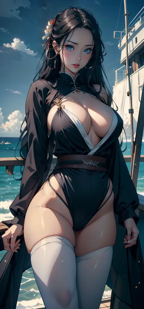 1female，35yo，plumw，extremely large bosom， 独奏，（Background with：Huge machinery，warships，the sea，battleships，nevando） She has long black hair，Long flowing hair，Standing at the bow of the ship，，seen from the front， hair straight， mostly cloudy sky，（（（tmasterpi...