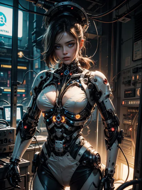 ((extremely delicate and beautiful cybernetic girl)), ((mechanical limbs)), (blood vessels connected to tubes), (mechanical vertebrae), ((mechanical cervical attaching to neck)), (wires and cables attaching to neck:1.2), ((mass of wires and cables on head)...