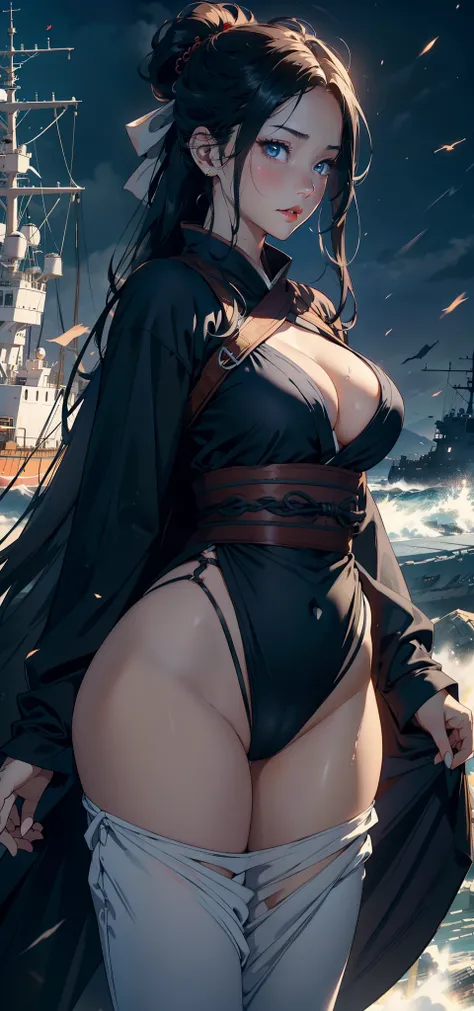 1female，35yo，plumw，extremely large bosom， 独奏，（Background with：Huge machinery，warships，the sea，battleships，nevando） She has long black hair，Long flowing hair，Standing at the bow of the ship，，seen from the front， hair straight， mostly cloudy sky，（（（tmasterpi...