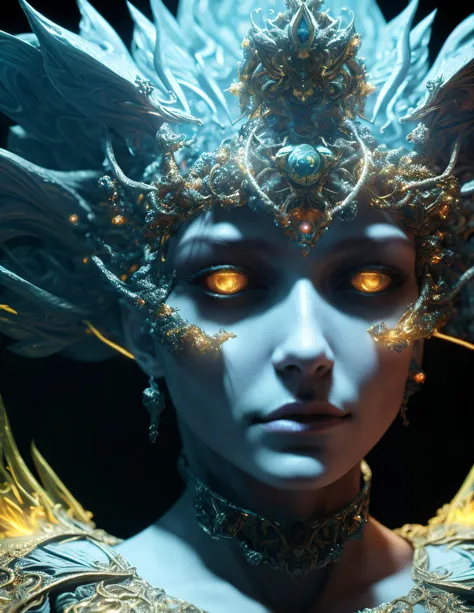 Algorithmically enhanced random close-up view of a Divine Queen covered in powerful Nth degree magical unicursal hexagrams wearing an intricate living lightning fractal crown and lavishly adorned attire reflecting tactical sun-motes and diamond moon shards...