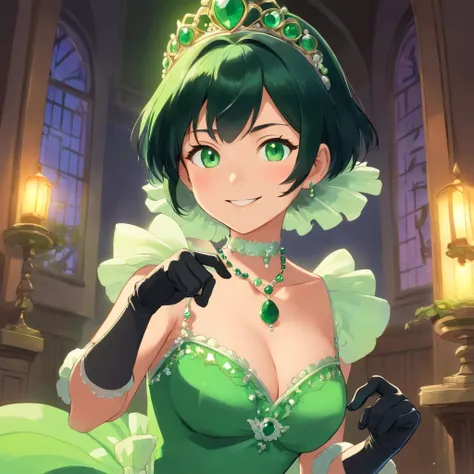 emerald tiara, Green Pearl Necklace, Boyish very short black hair, lipsticks, Japan woman smiling, Long green gloves made of satin material, very short short hair, Guts Pose, Green eyes, big breasts beautiful, Right thumbs up, Green Pearl Necklace, Green d...