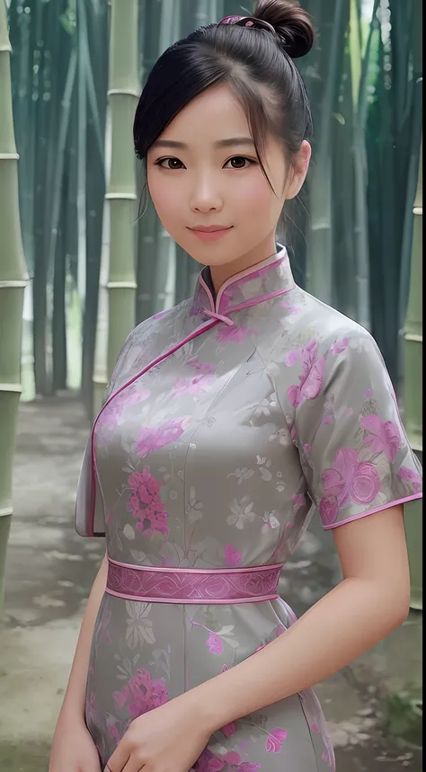 A smiling girl，Wear a cheongsam，ponytail haircut，Standing in a bamboo forest，com rosto detalhado，The eyes are delicate，Perfect hands，The photo quality is the best，Realistic image quality，Background diffuse lighting，Depth of field display。