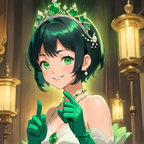 emerald tiara, Green Pearl Necklace, Boyish very short black hair, lipsticks, Japan woman smiling, Long green gloves made of satin material, very short short hair, Guts Pose, Green eyes, big breasts beautiful, Right thumbs up, Green Pearl Necklace