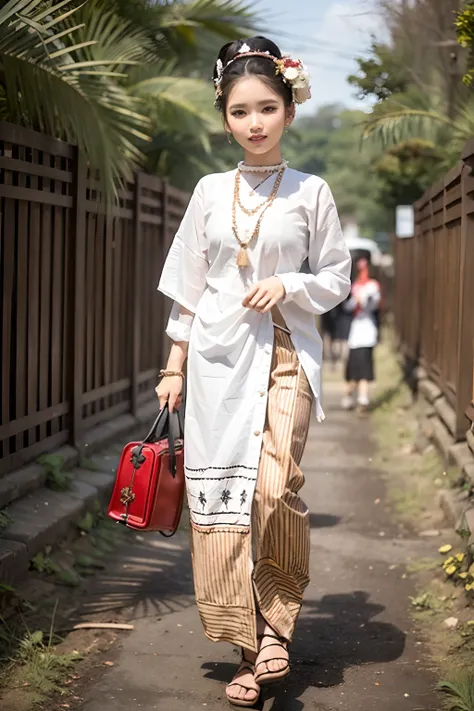 MMTD Burmese patterned traditional dress lady full body details