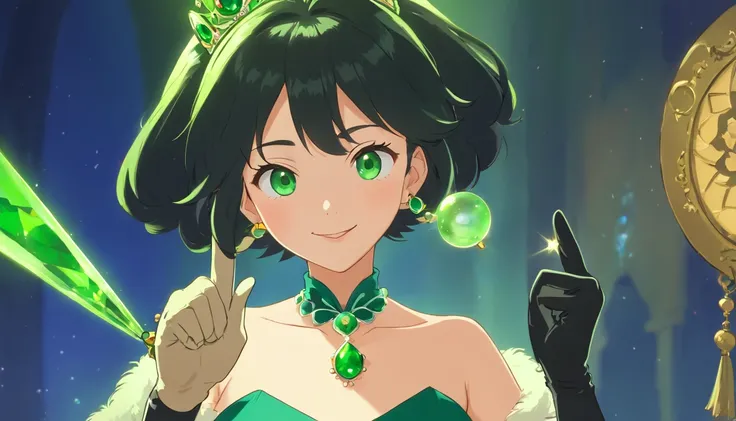 emerald tiara, Green Pearl Necklace, Boyish very short black hair, lipsticks, Japan woman smiling, Long green gloves made of satin material, very short short hair, Guts Pose, Green eyes, big breasts beautiful, Right thumbs up, Green Pearl Necklace, Green d...