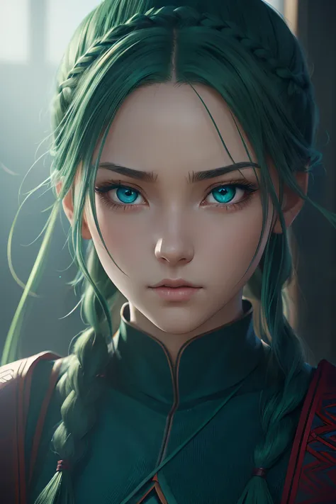 anime, hda, a close up of a woman with ((red braided low ponytail hair)) and (((the most beautiful green eyes))) in (((blue outfit))), (((determined)), 8k, Unreal Engine 5, octane render, by kyun, gamang, Yoon Gon-Ji, g.ho, gosonjak, shuroop, serious, domi...