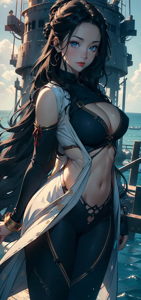 1female，35yo，plumw，extremely large bosom， 独奏，（Background with：Huge machinery，warships，the sea，battleships，nevando） She has long black hair，Long flowing hair，Standing at the bow of the ship，，seen from the front， hair straight， mostly cloudy sky，（（（tmasterpi...