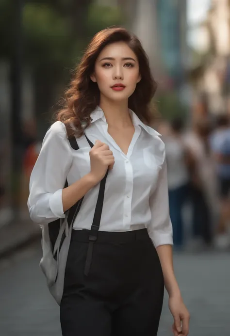 (((realistic photography))),, portrait, (afraid face:1.3),, beautiful girl, looking at viewer, , (school uniform:1.2), shirt buttoned and trousers, , (busty cleavage:1),, in the japan street, (environment details:1.3),, (RAW Photo, cg unity, photography, u...