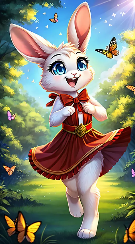 zoomed out image, fantasy style art, cute, adorable, short character, small, tiny little fluffy female white bunny with blue eyes, large poofy rabbit tail, big floppy ears, long ears, ears perked up, raised ears, long eyelashes, wearing a red frilly ribbon...