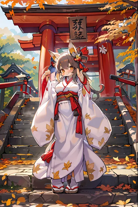 Fox Woman、body covered with fur、huge-breasted、kawaii、shrine maiden、Japan white clothes,Red Hakama、torii gate,autumn day、From below、Wide Shot、Very Wide Shot、A big smile、bbw、thick thight、big butts、Ultramammy、Under the maple tree,shrines