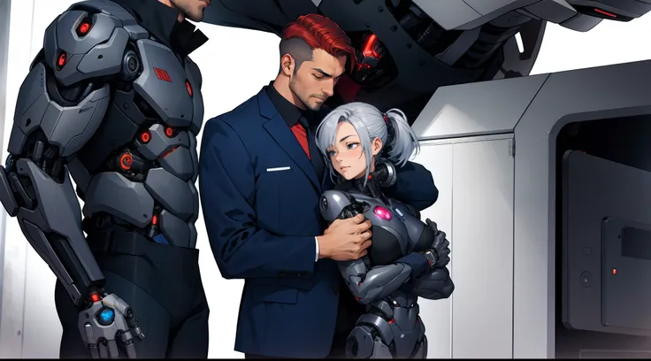 (a man (suit)) hugs (a cyborg woman)