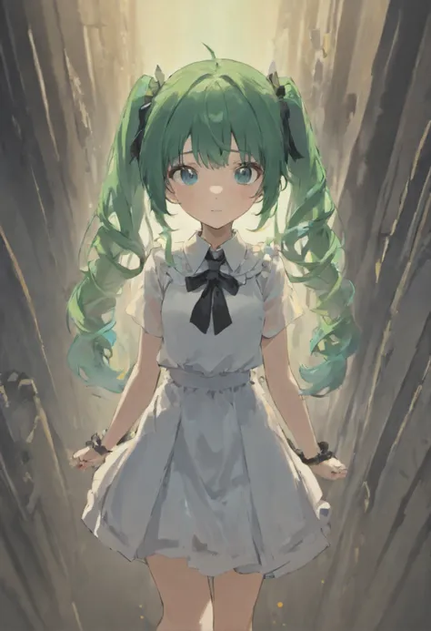 The innocence, dark green hair, twintails, arms behind back, white dress, black waist tie, a girl,blue eyes,