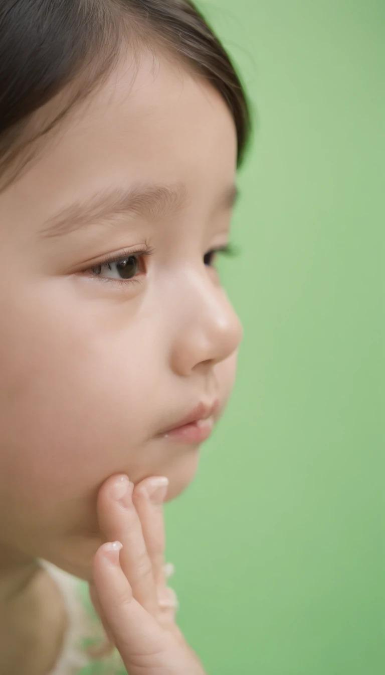 Child, praying, looking at you, fingers not touching chin, flat green screen, in the style of kawaii aesthetic, helios 44-2 58mm f/2, asian-inspired, vibrant, (medium close-up)