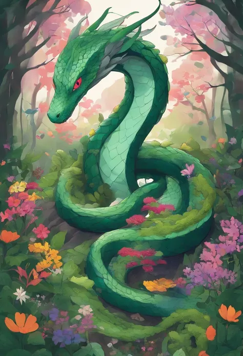 (A long snake dragon with natural elements on its body:1.3),(The back is covered with green grass and colorful wildflowers:1.3),(A purple spore mist surrounds the body:1.2),(There is a layered bone carapace that protects the soft tissues of the body:1.3),(...