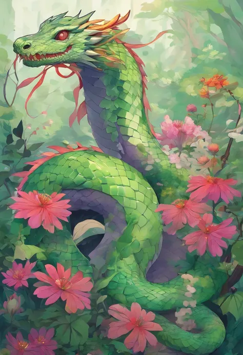 (A long snake dragon with natural elements on its body:1.3),(The back is covered with green grass and colorful wildflowers:1.3),(A purple spore mist surrounds the body:1.2),(There is a layered bone carapace that protects the soft tissues of the body:1.3),(...