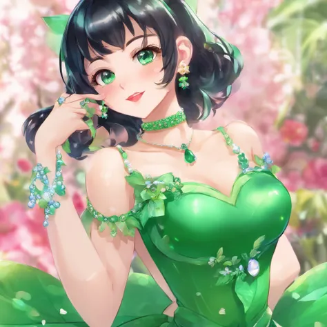 emerald tiara, Green Pearl Necklace, Boyish very short black hair, lipsticks, Japan woman smiling, Long green gloves made of satin material, very short short hair, Guts Pose, Green eyes, big breasts beautiful,  Green Pearl Necklace, Green dress