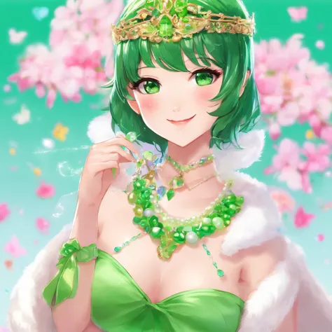 emerald tiara, Green Pearl Necklace, Boyish very short black hair, lipsticks, Japan woman smiling, Long green gloves made of satin material, very short short hair, Guts Pose, Green eyes, big breasts beautiful,  Green Pearl Necklace, Green dress