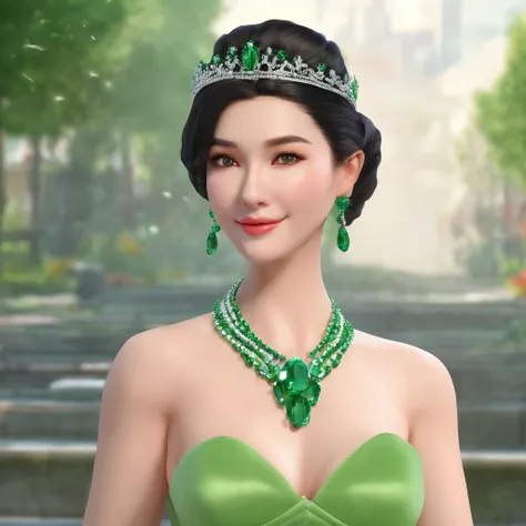 emerald tiara, Green Pearl Necklace, Boyish very short black hair, lipsticks, Japan woman smiling, Long green gloves made of satin material, very short short hair, Guts Pose, Green eyes, big breasts beautiful,  Green Pearl Necklace, Green dress