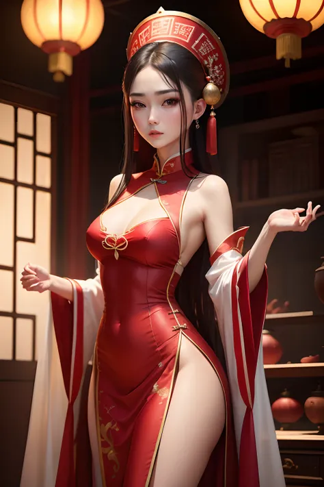 8k, Masterpiece Best Quality, Women, Man, nsfw (Gentle Shape), perfect face, hanfu dress, sexy, fascinating, thin fabric chinese dress, tower, red lantern tower,