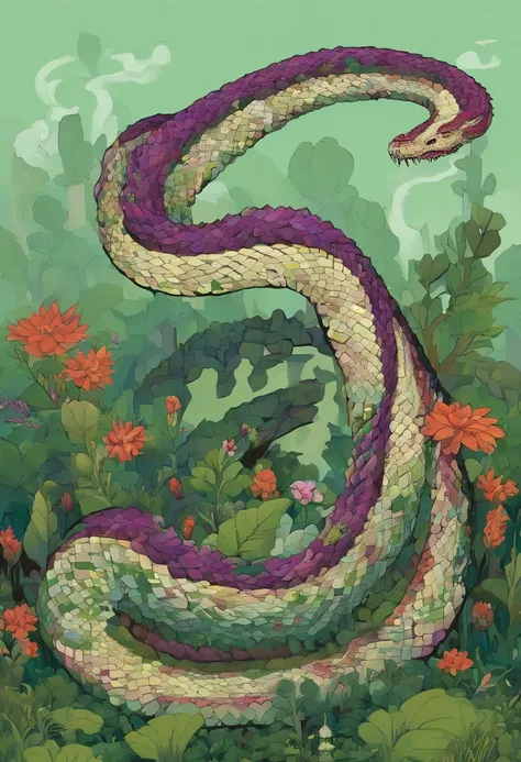 (A long snake dragon with natural elements on its body:1.3),(The back is covered with green grass and colorful wildflowers:1.3),(A purple spore mist surrounds the body:1.2),(There are layered bone carapaces，Protects the soft tissues of the body:1.3),(//Poo...