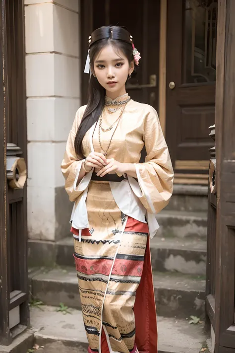 mmtd burmese patterned traditional dress lady full body details