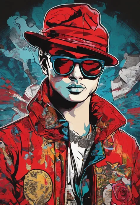 a painting of a man in black glasses wearing a red hat, trending on art station, Vestido com roupas punk, detailed hyper-realistic rendering, British gang member, estilo de rua, pose intimidadora, roupas com moda, samurai urbano, miau, West Slavic features...