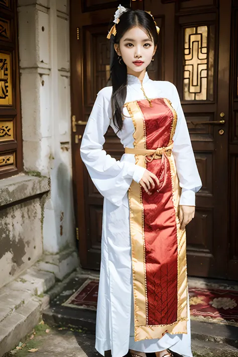 mmtd burmese patterned traditional dress lady full body details