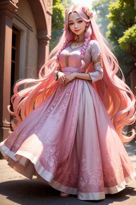 araffe woman with long hair wearing a pink and grey dress, with lovely look, traditional beauty, wearing pink floral gown, with long hair, idian dress, * colour splash *, with beautiful colors, indian style, traditional dress, modeling shoot, with a beauti...