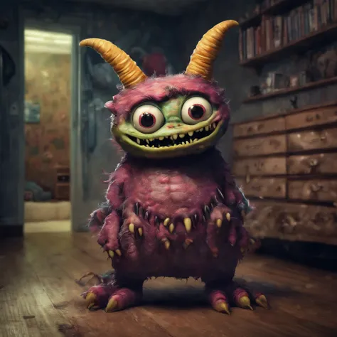 cute monster, on the kid bedroom, horror vibe, dramatic lighting, detailed, best composition