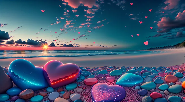 Exquisite scenes，depth of fields，8K，Blue sky，Red clouds，The sun shines on the beach，There are many small colorful stones on the beach，Heart of Love