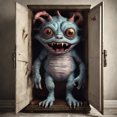 cute monster, on the wardrobe, horror vibe, dramatic lighting, detailed, best composition