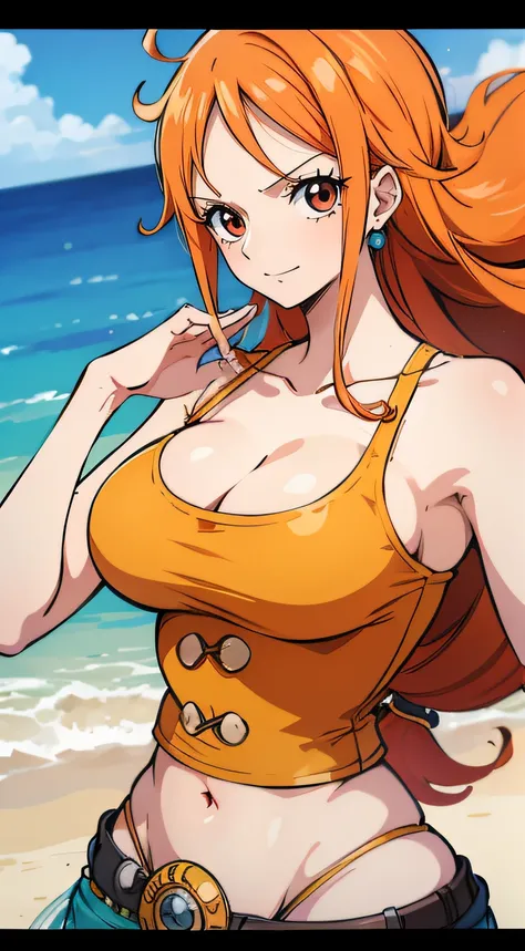 generar una imagen realista de estilo anime de nami de one piece. captura su apariencia distintiva con cabello naranja, una cami...