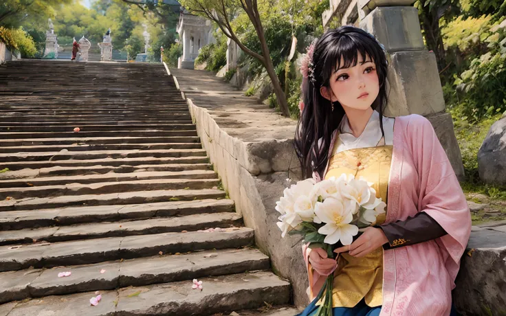 there is a woman holding a bunch of flowers in front of a stone staircase, with flowers, sitting on temple stairs, in front of a temple, standing in a hindu kovil, beautiful surroundings, in front of the temple, carrying flowers, in a temple, gigantic pill...