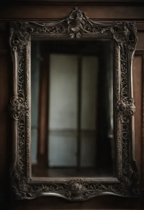 ancient black frame mirror, aged reflection, ornate details, vintage charm, intricate patterns, antiquity, mystery, decadent beauty, delicate filigree, old-world elegance, tarnished silver, delicate carvings, weathered wood, faded grandeur, dust and cobweb...