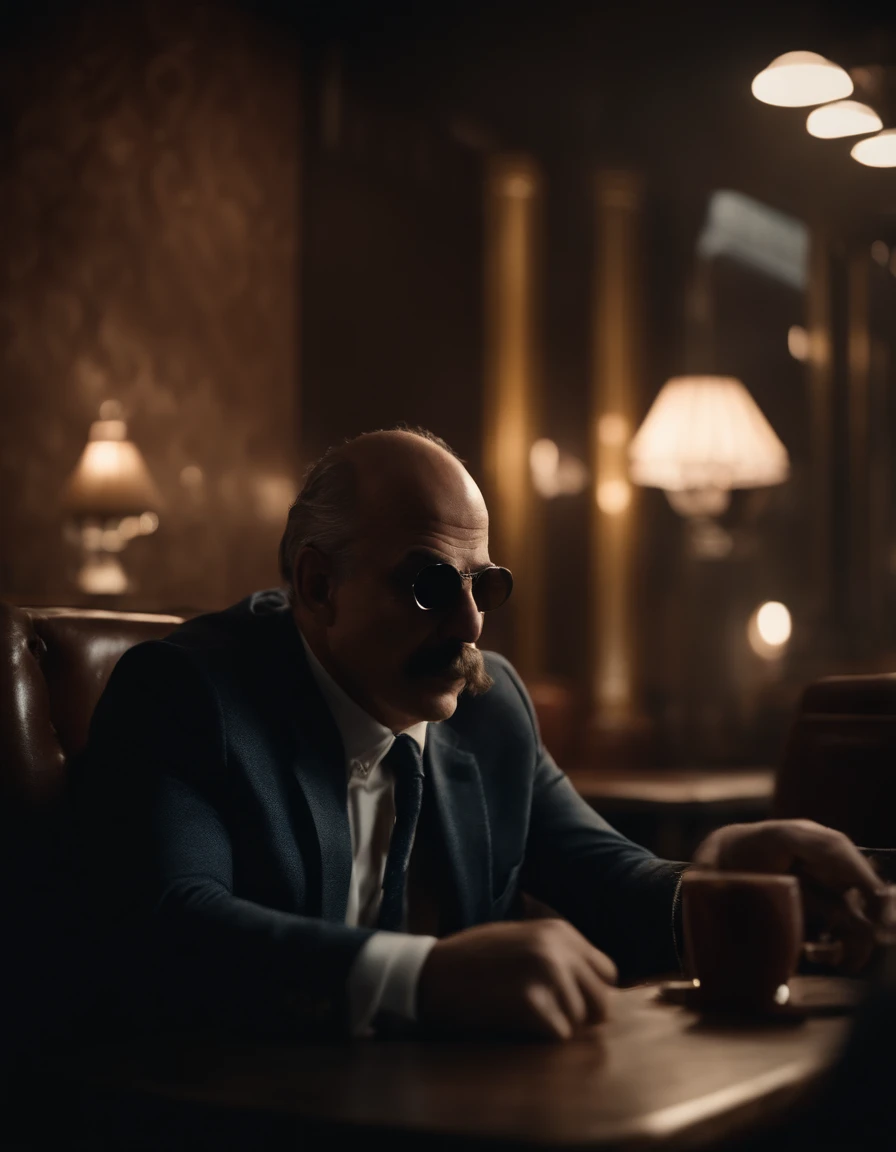 a medium shot from marlon bramdo siting on a kingdom chair in a cafe, a smoke in his hand, playing mafia game, a mafia mask in his other hand, serious look in camera, cinematic lighting, soft lights, high quality render