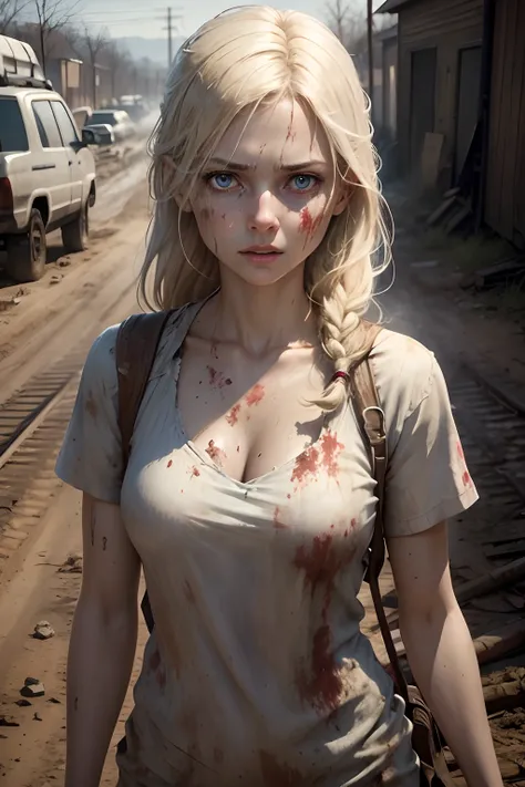 standing, facing forward, beautiful white woman in her 20s, mud, scratches on face, mud stained blonde hair and face, dirty nurse clothes, smooth skin, scared expressions, isometric details, amazingly realistic photos, blue eyes, zombie apocalypse, give me...