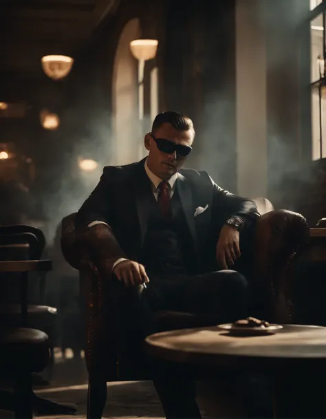 a medium shot from marlon bramdo siting on a kingdom chair in a cafe, a smoke in his hand, playing mafia game, a mafia mask in his other hand, serious look in camera, cinematic lighting, soft lights, high quality render