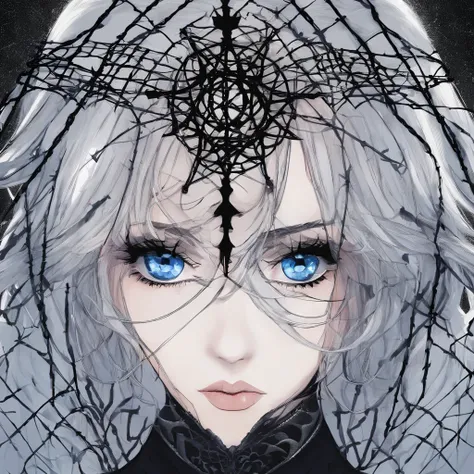 Girl rubia ojos azules ropa sensual y atrevida with gothic net symbolic clothes, 。.com (Barbed wire of the body) brunette color hair，Gray hair ends