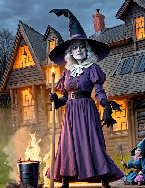 extremely ugly old evil witch with a broom and a caulder in front of a house, witch woman, witch, the witch conjure, witch burning, a witch, witch hut, witchy, supervillain sorceress witch, wicked witch of the west,