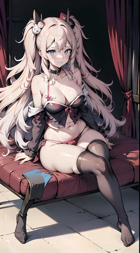 Junko Enoshima， A blonde long-haired， 1girll， double tails， 独奏， nedium breasts， eBlue eyes，， 鎖骨，big cleavage breasts， By bangs， Be red in the face，  pervert smirk， looking at viewert， The upper part of the body， bear hair ornament， nail polish， rednails， R...