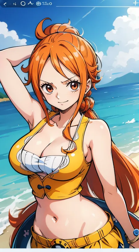 Generar una imagen realista de estilo anime de Nami de One Piece. Captura su apariencia distintiva con cabello naranja, una camisa, and a cheerful expression. Make sure the picture reflects your adventurous and confident personality as shown in the anime.....