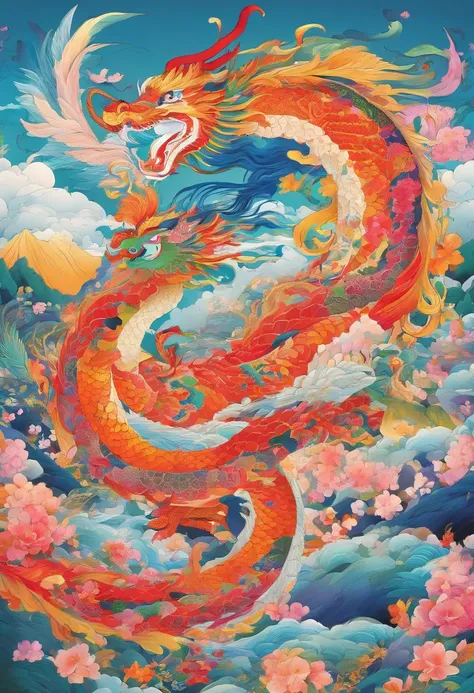 bright colors, detailed scales, majestic creature, vivid artwork, mythical beast, energetic, vibrant, intricate patterns, flying in the sky, magical encounter, joyful atmosphere, traditional culture, auspicious symbol, splendid moment, dragon dance, joyful...